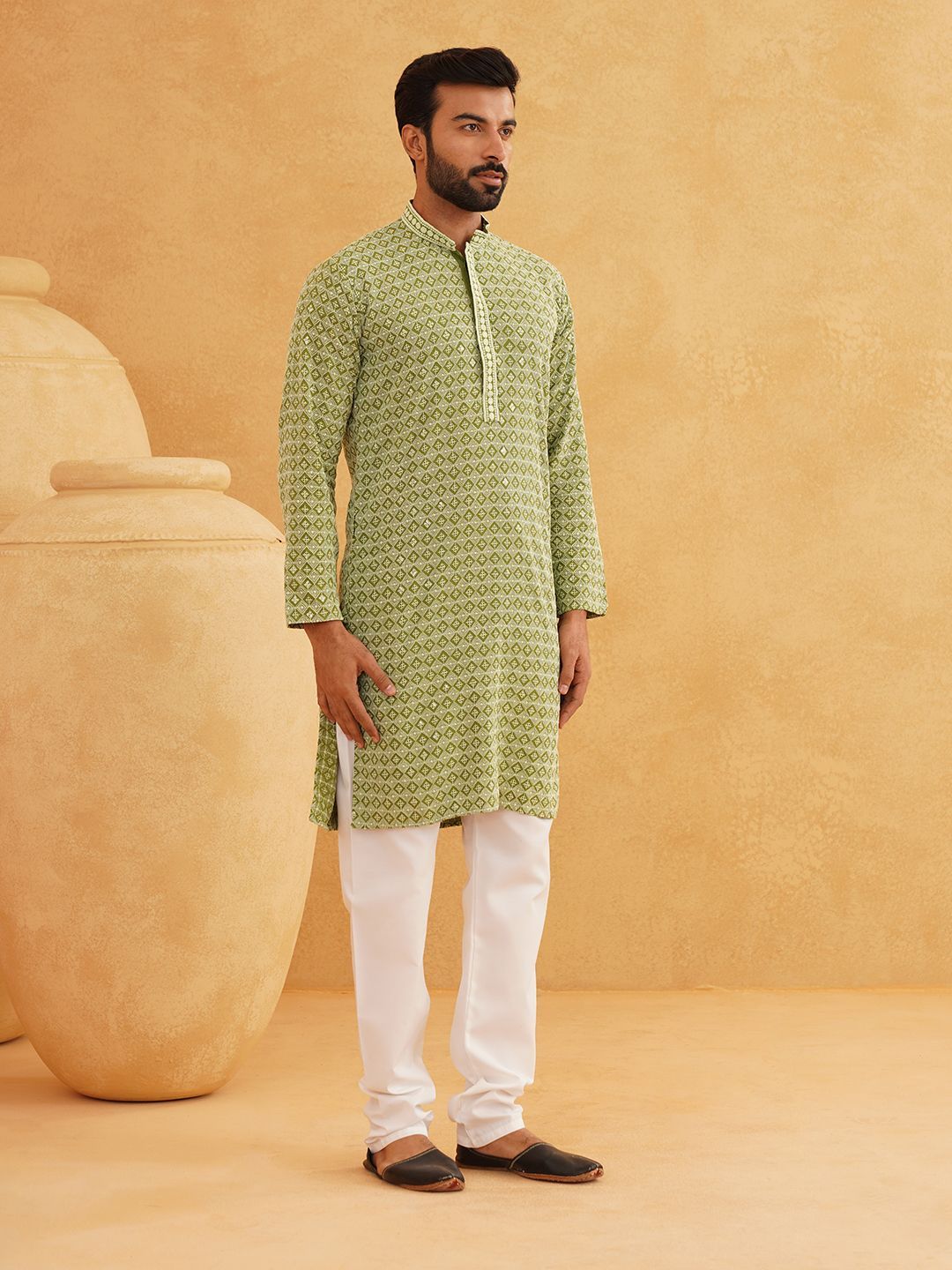 SOJANYA Geometric Sequinned Mandarin Collar Pure Cotton Straight Long Kurta