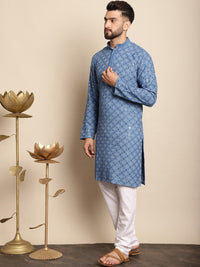 Motif Etnik Anouk Bersulam Kolar Mandarin Kurta Kapas Tulen Lurus dengan Churidar