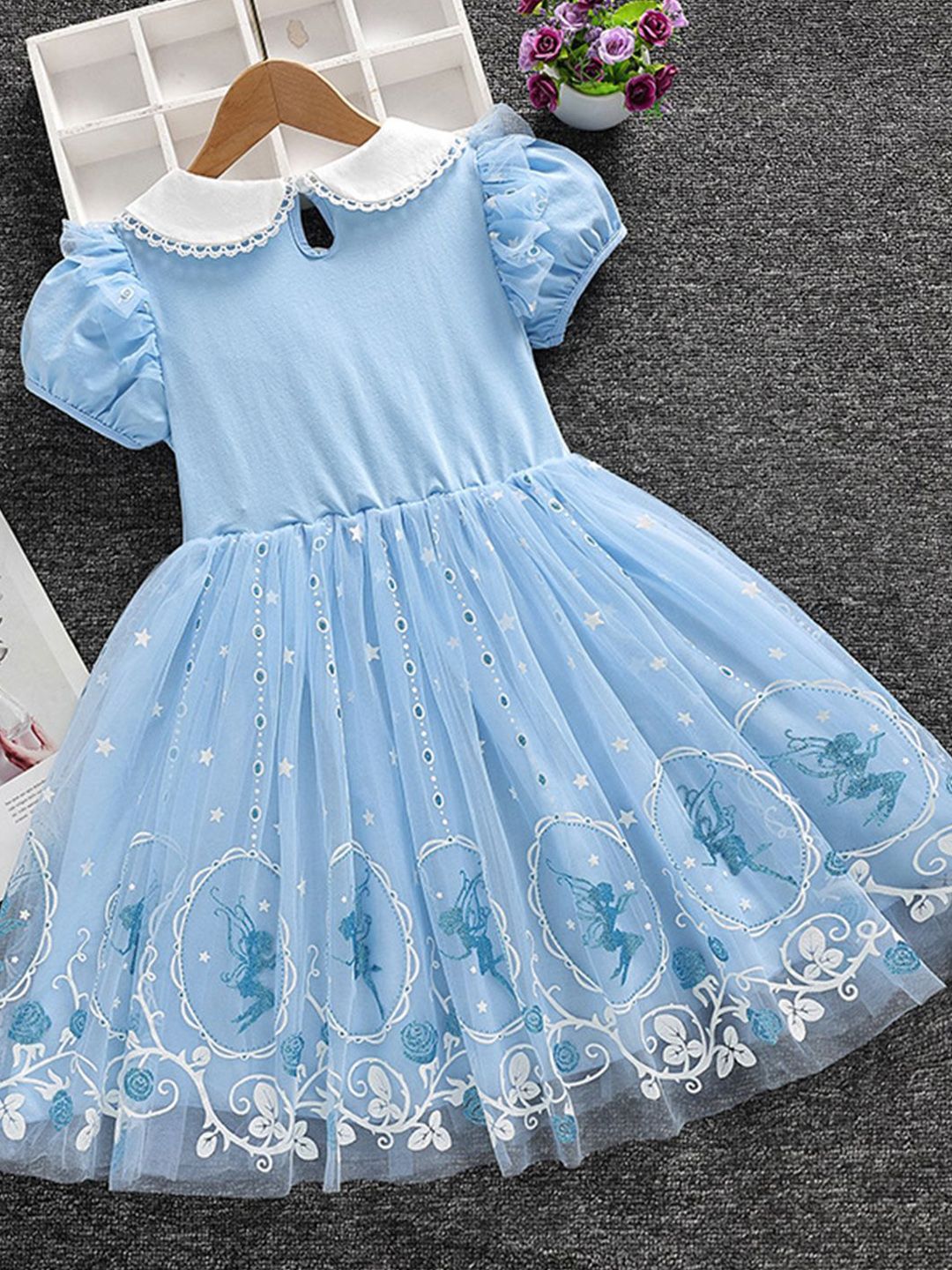 YK Girl Embellished Peter Pan Collar Puff Sleeves Fit & Flare Dress