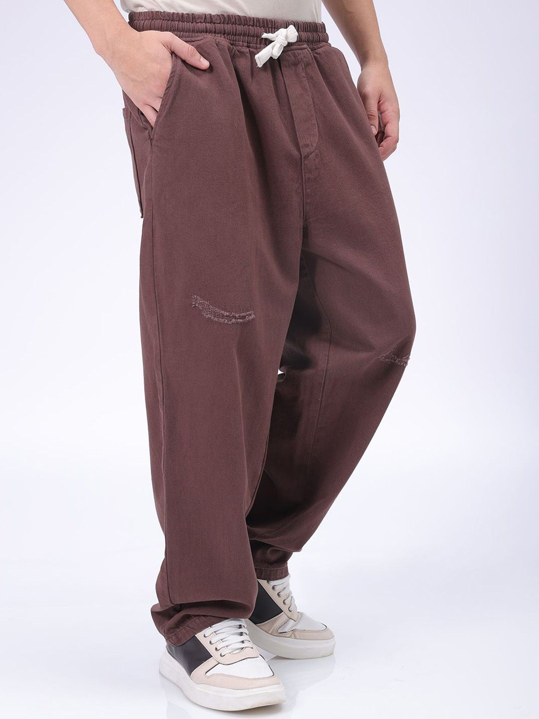 The Indian Garage Co Men Baggy Fit Cotton Elasticated Waist Jeans