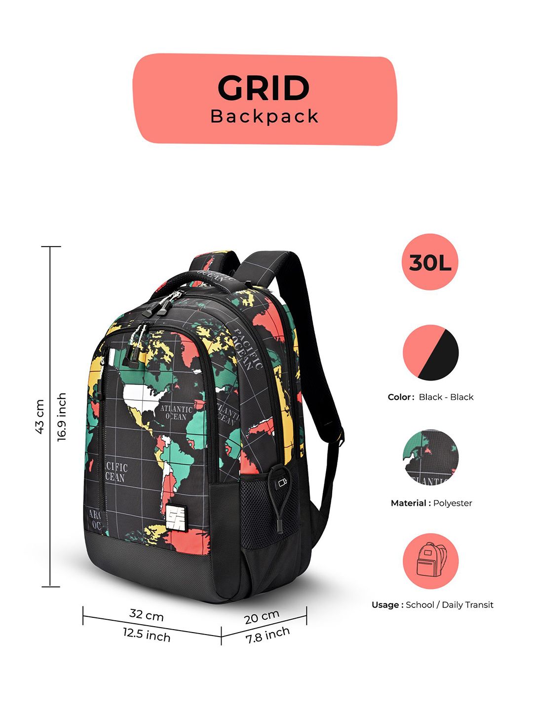 Gear Unisex Globe Printed Backpack