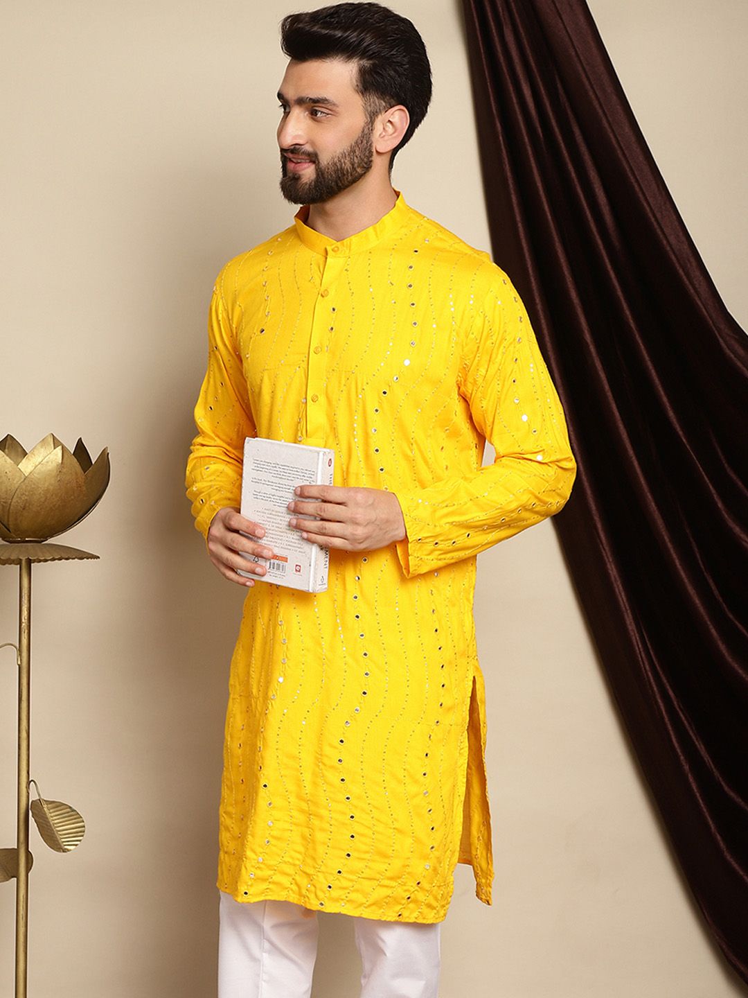 Anouk Yellow Geometric Embroidered Mirror Work Pure Cotton Straight Kurta