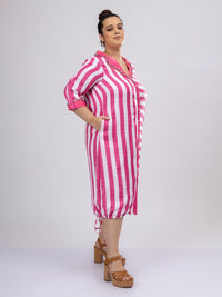 Mamicha Women Striped Shirt Collar Roll-Up Sleeves Midi Shirt Dress