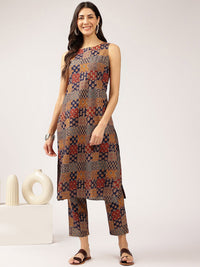Anouk Navy Blue Floral Printed Pure Cotton Straight Kurta With Trousers