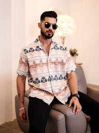 Eszett Men Ethnic Motifs Printed Cuban Collar Linen Casual Shirt