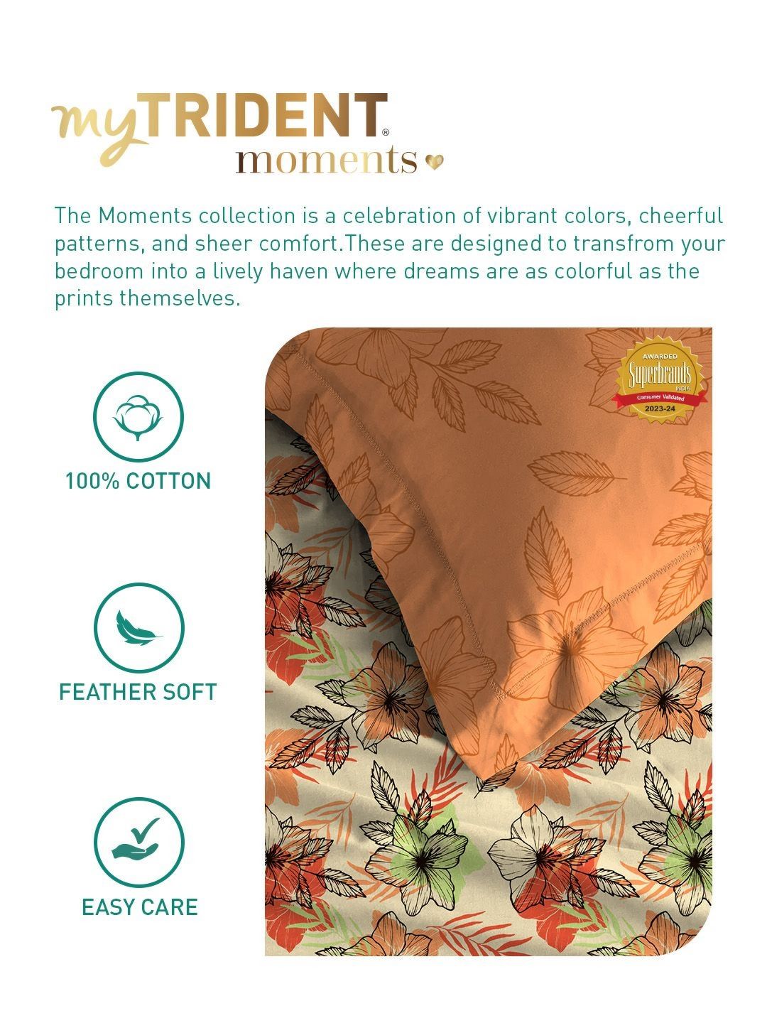 MYTRIDENT Flora Orange Moments Flat 120TC Queen Pure Cotton 1 Bedsheet with 2 Pillow Covers