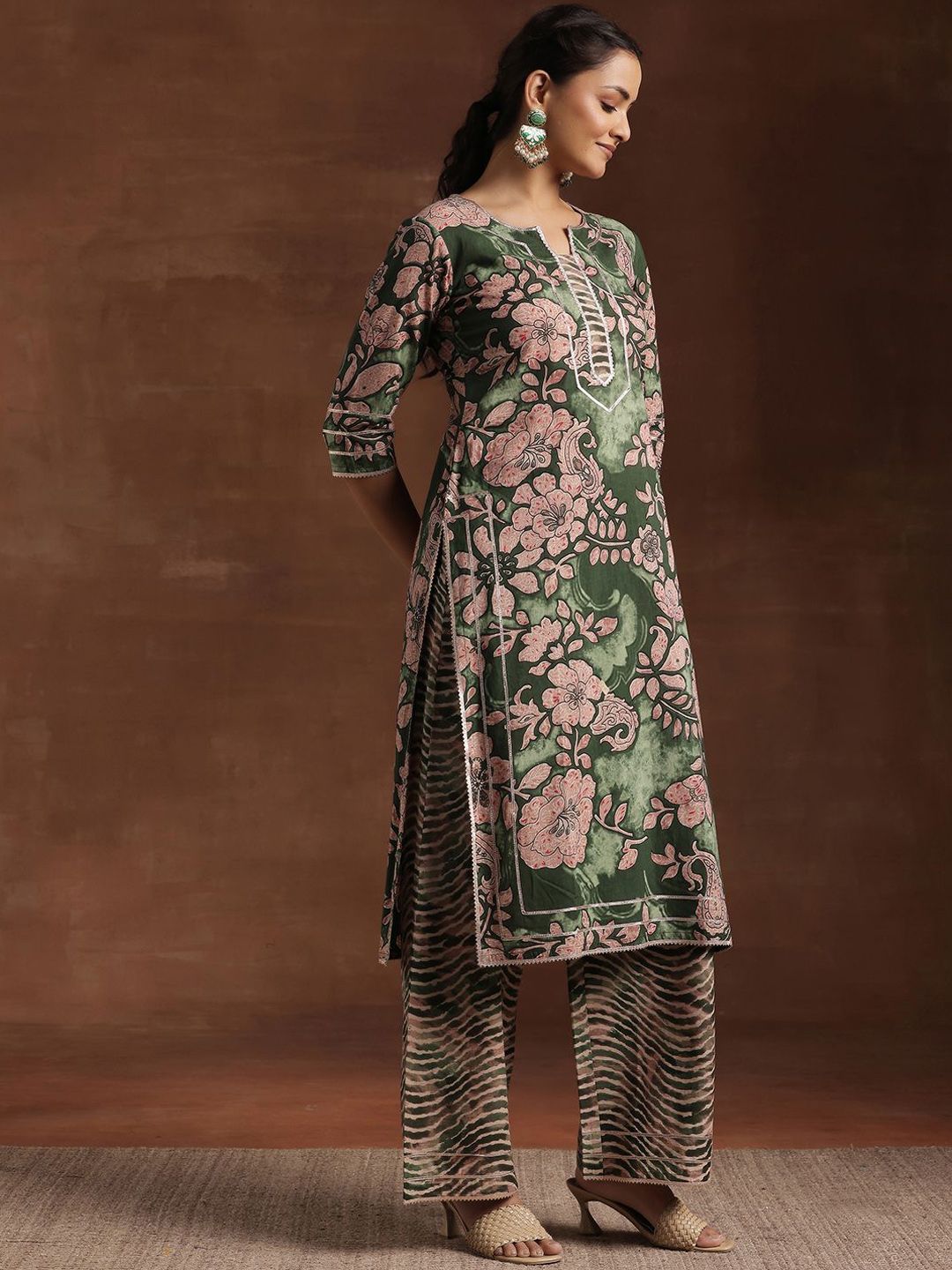 Libas Green Floral Printed Gotta Patti Pure Cotton Kurta With Palazzos & Dupatta