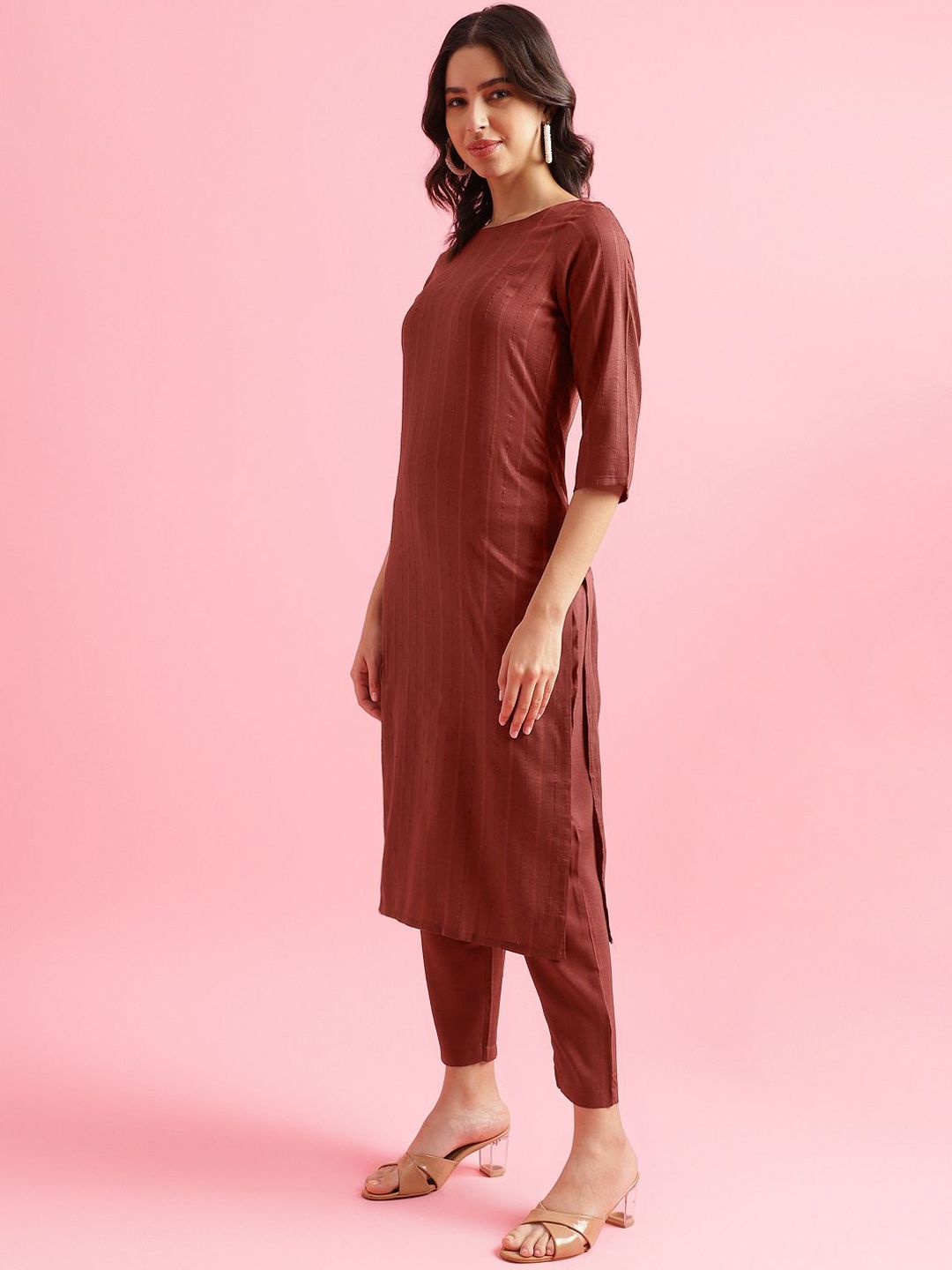 KALINI Striped Woven Design Straight Kurta with Trousers