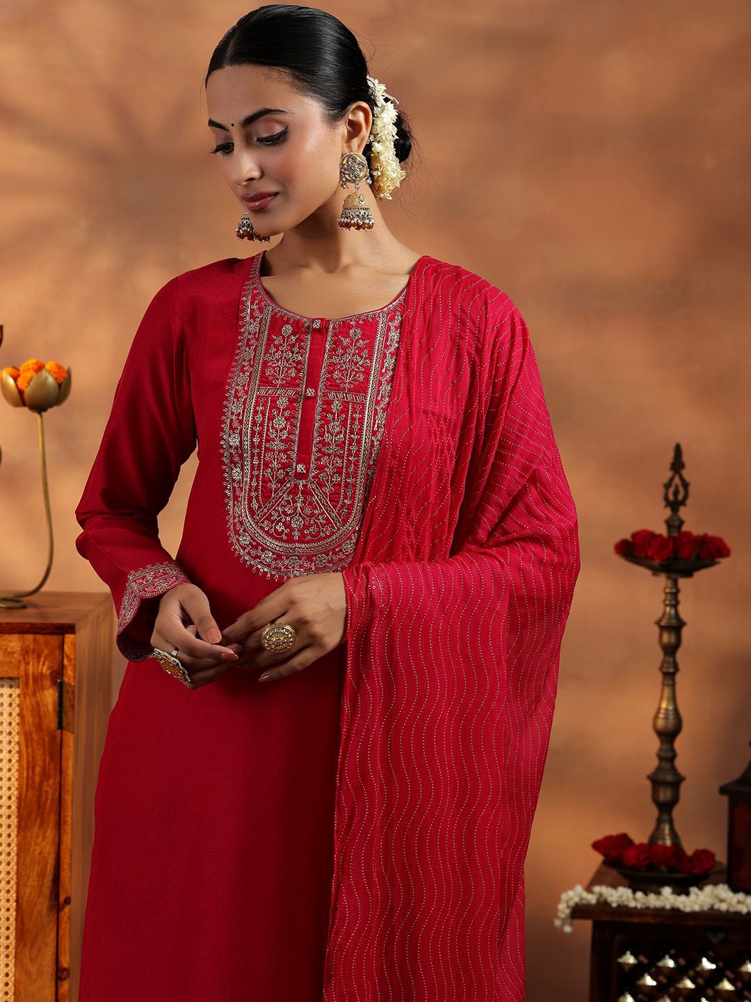 Libas Floral Embroidered Sequinned Dobby Weave Straight Kurta With Trousers & Dupatta
