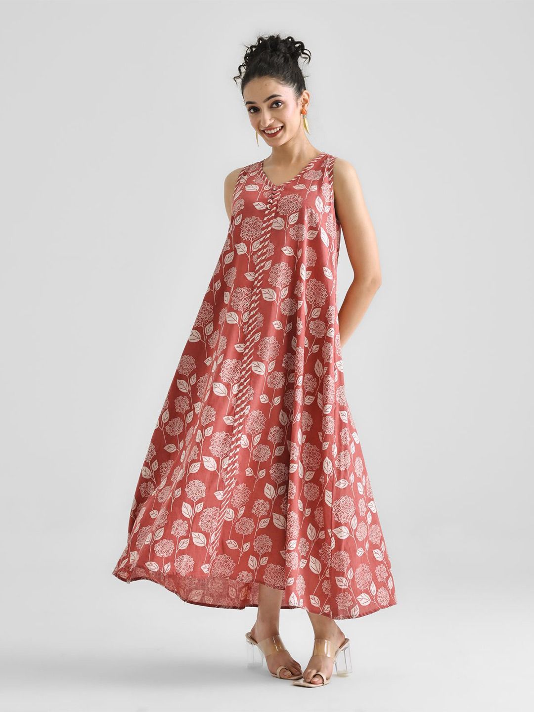 Rustorange Floral Printed Cotton A-Line Maxi Dress
