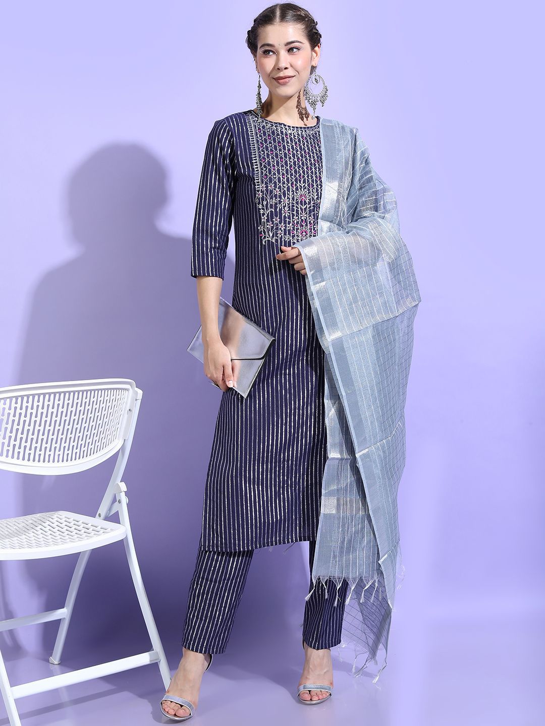 Vishudh Women Striped Regular Pure Cotton Kurta with Palazzos & With Dupatta