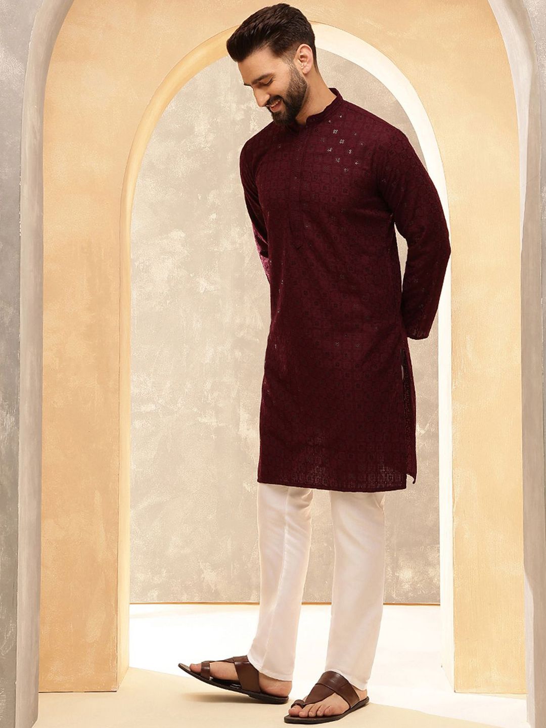 Anouk Burgundy Geometric Embroidered Sequence Mandarin Collar Straight Kurta