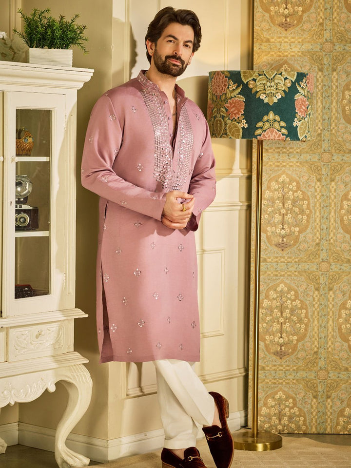 SOJANYA Floral Embroidered Mandarin Collar Mirror Work Cotton Silk Straight Kurta