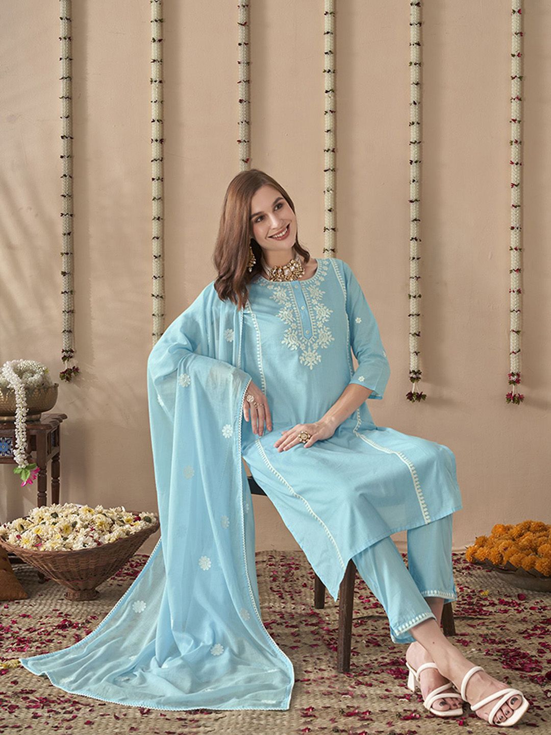 Anouk Embroidered Regular Thread Work Pure Cotton Straight Kurta With Trousers & Dupatta