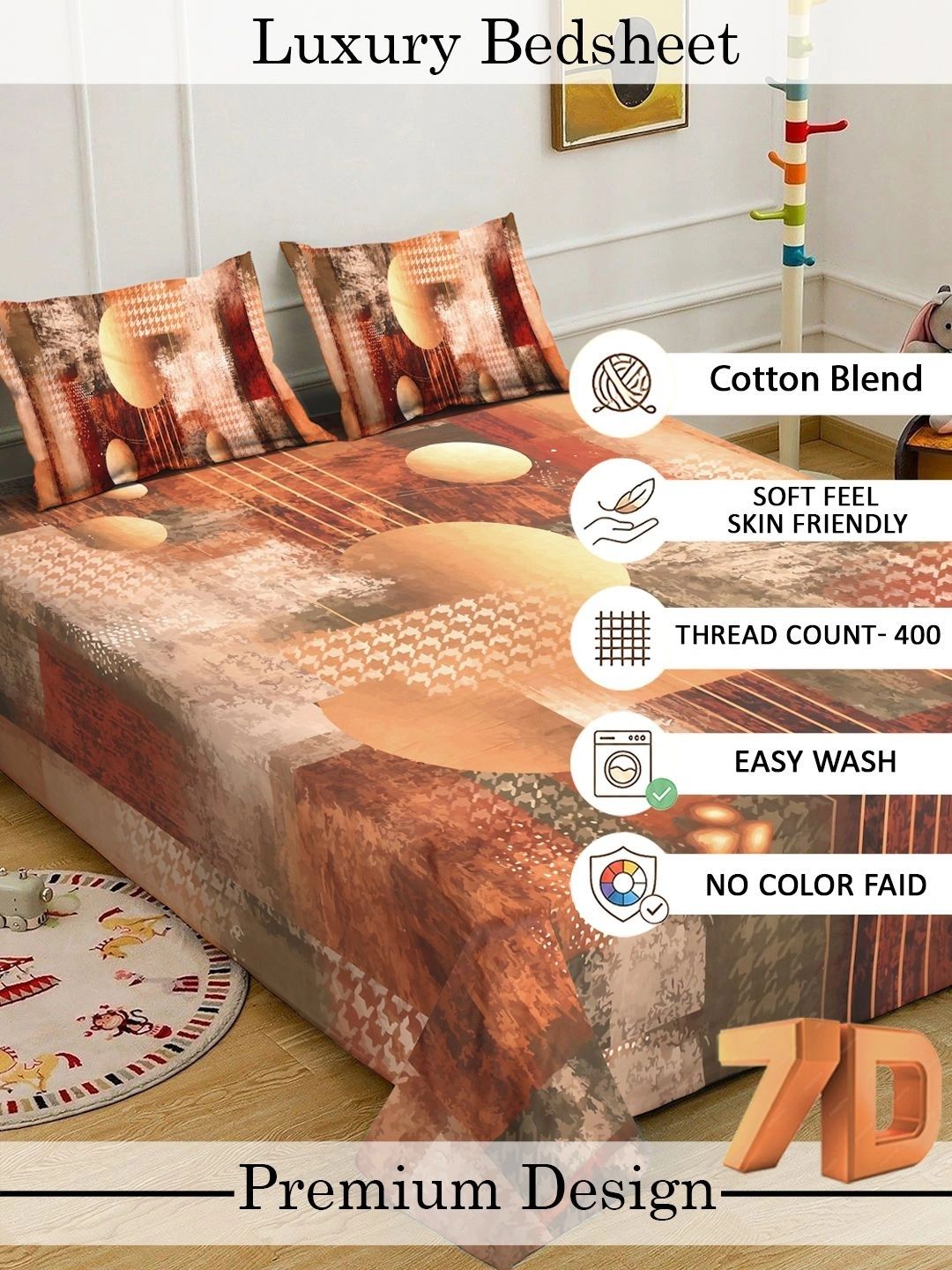 KLOTTHE Brown Geometric Flat 400 TC 7D Bedsheet with 2 Pillow Covers
