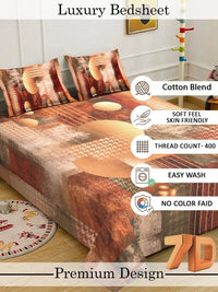 KLOTTHE Brown Geometric Flat 400 TC 7D Bedsheet with 2 Pillow Covers