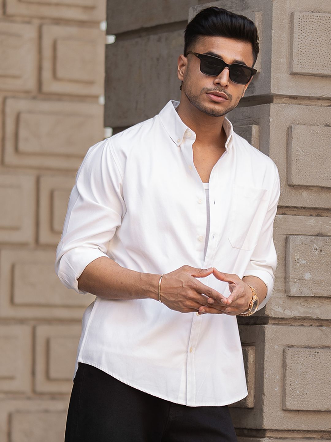 Powerlook Men Spread Collar Solid Cotton Casual Shirt