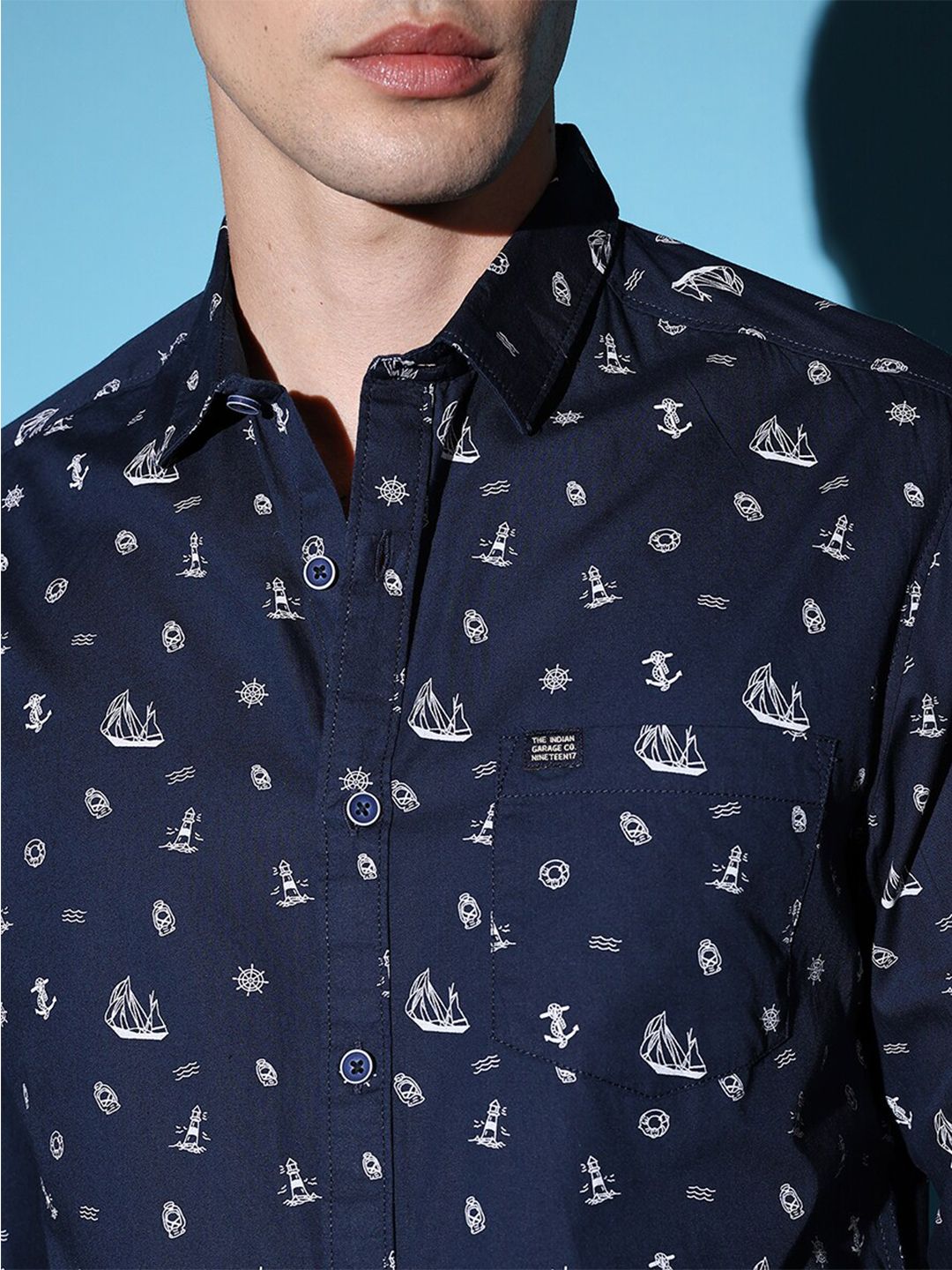 The Indian Garage Co Navy Blue Slim Fit Conversational Printed Cotton Casual Shirt