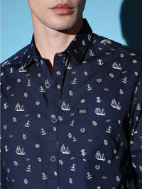 The Indian Garage Co Navy Blue Slim Fit Conversational Printed Cotton Casual Shirt