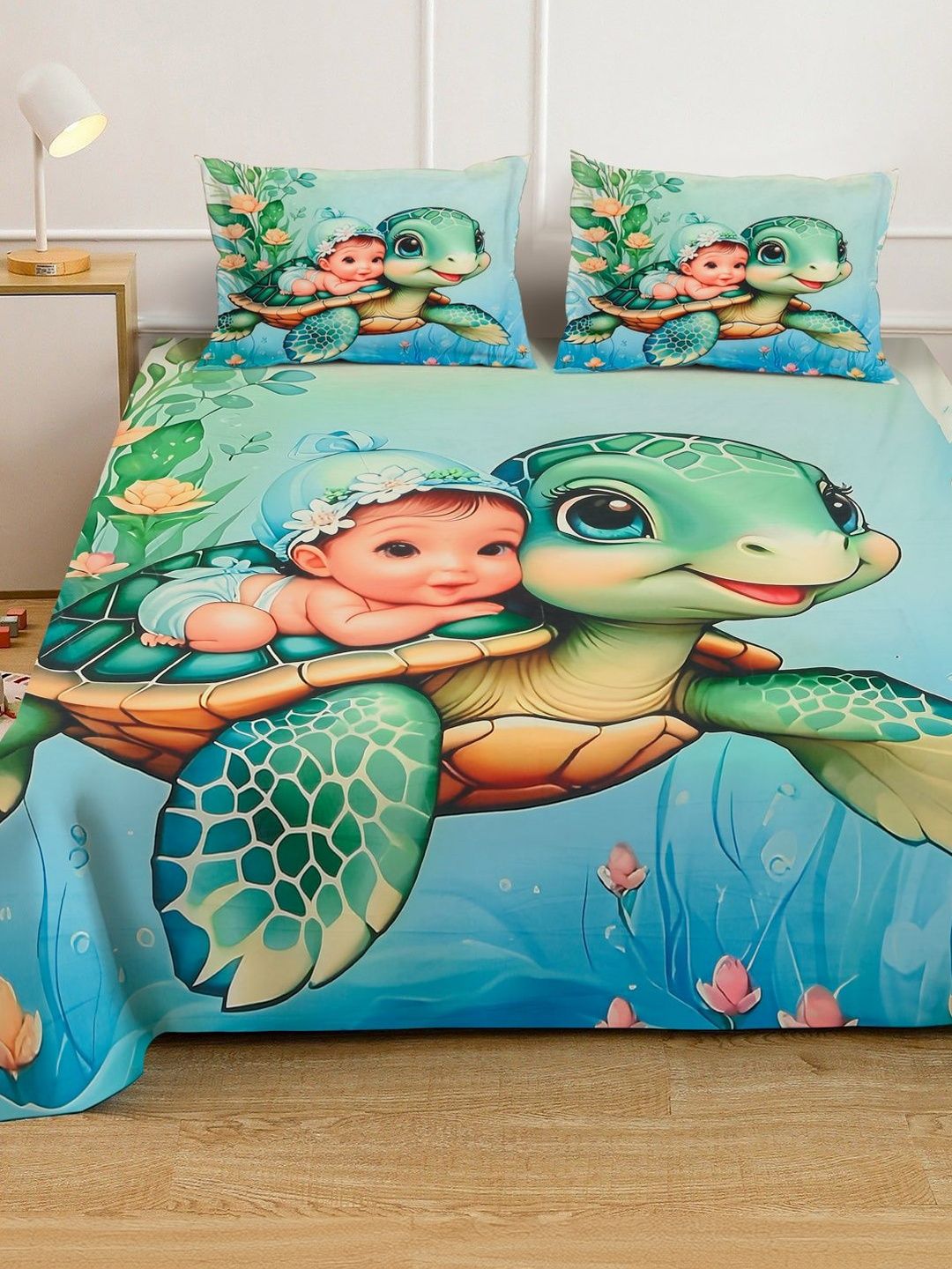 KLOTTHE Green Cartoon Printed Fitted 300 TC Super King Bedsheet With 2 Pillow Cover