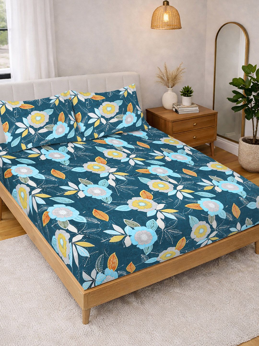 KLOTTHE Biru & Putih Bercetak 300 TC Cadar Katil Double Dengan 2 Sarung Bantal- 2.5 m x 2.25 m