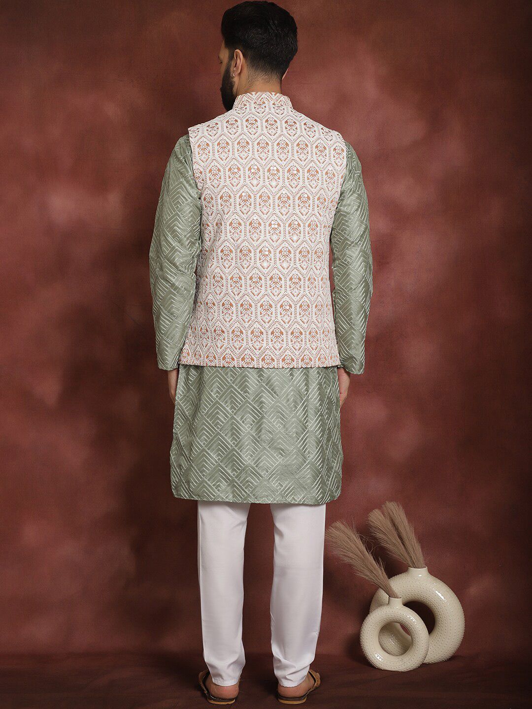 Anouk Geometric Embroidered Straight  Kurta with Churidar & Nehru Jacket