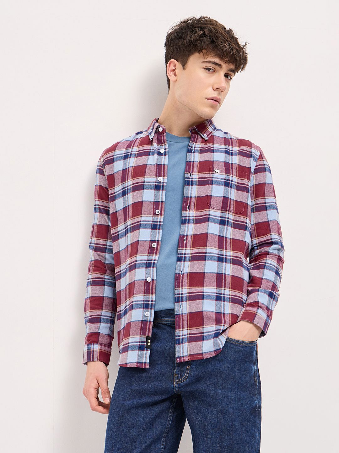 THE BEAR HOUSE Men Button-Down Collar Tartan Checked Cotton Slim Fit Shirt