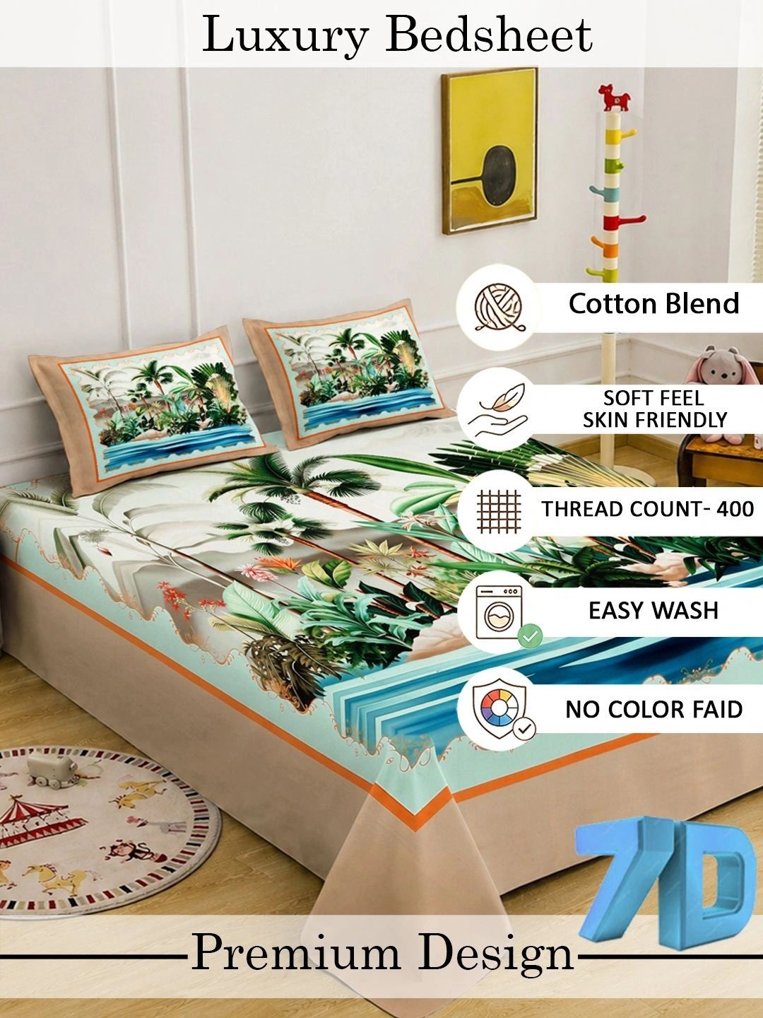 KLOTTHE Green & Blue Floral 400 TC King Bedsheet with 2 Pillow Covers