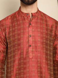 Anouk Maroon Mandarin Collar Geometric Woven Design Jacquard Silk Kurta with Pyjamas