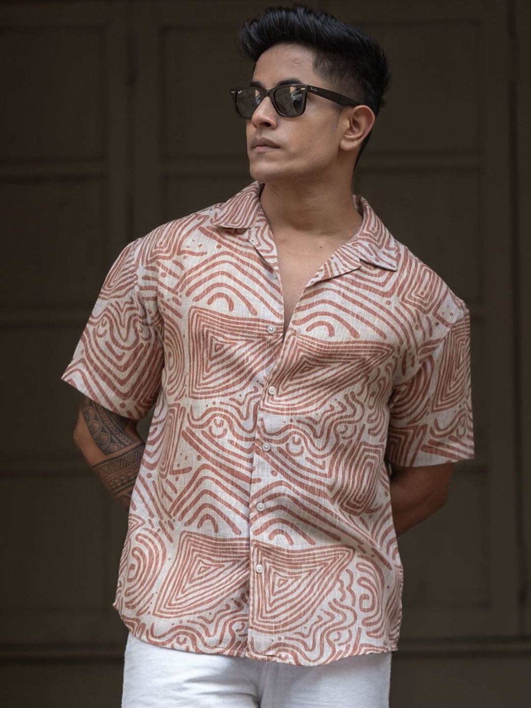 Powerlook Men Cuban Collar Abstract Printed Oversized Casual Shirt
