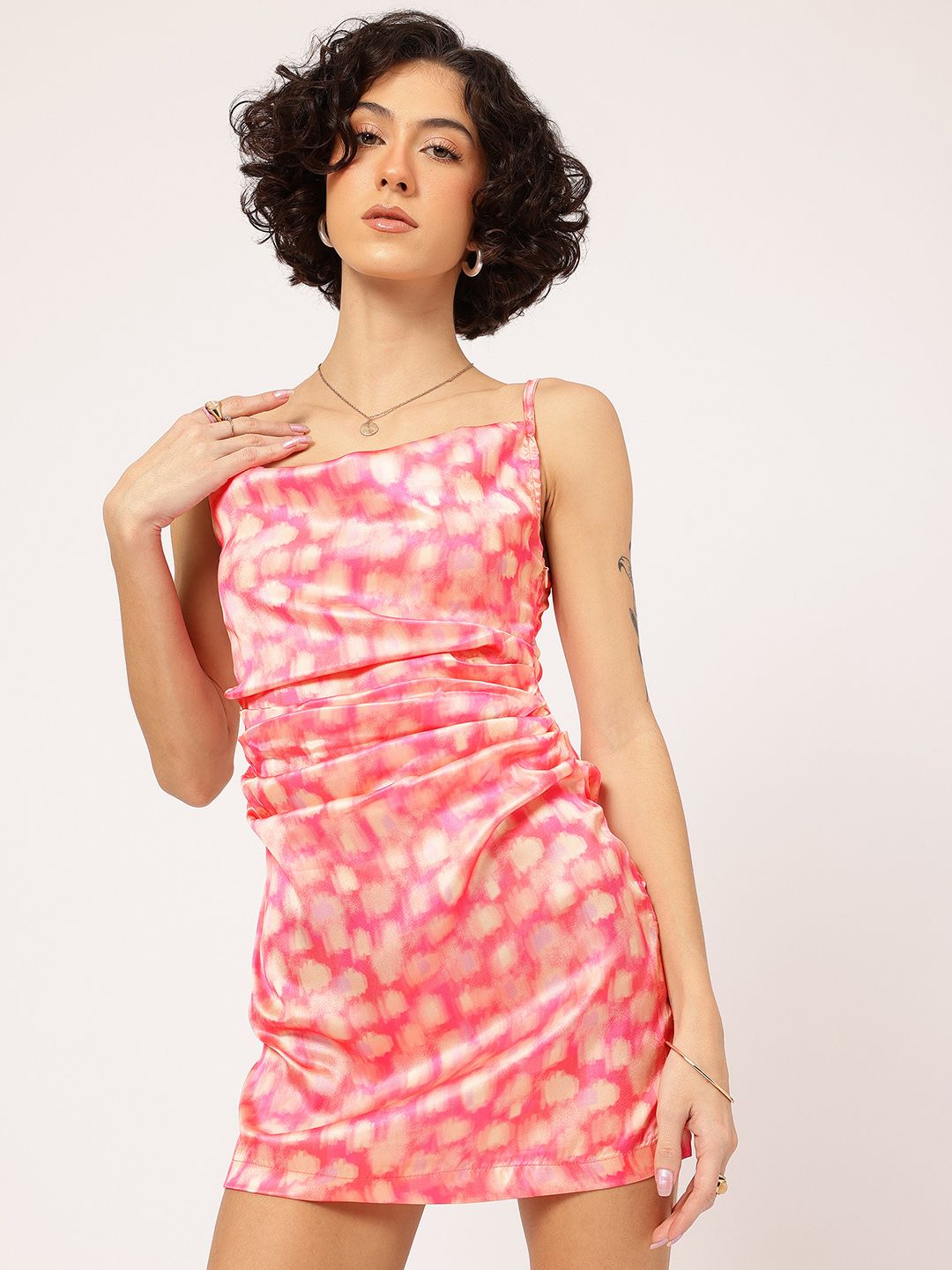 DressBerry Dainty Print Ruched Satin-Finish Mini Dress