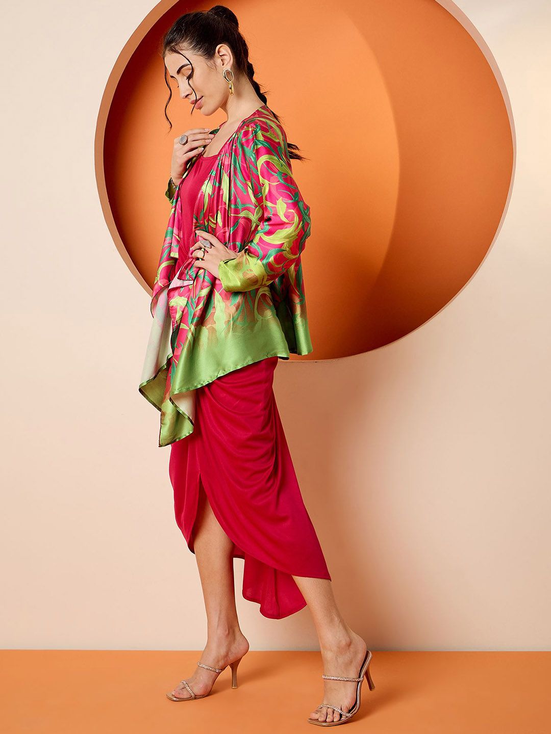 Antheaa Pink Square Neck A-Line Midi Dress With Jacket