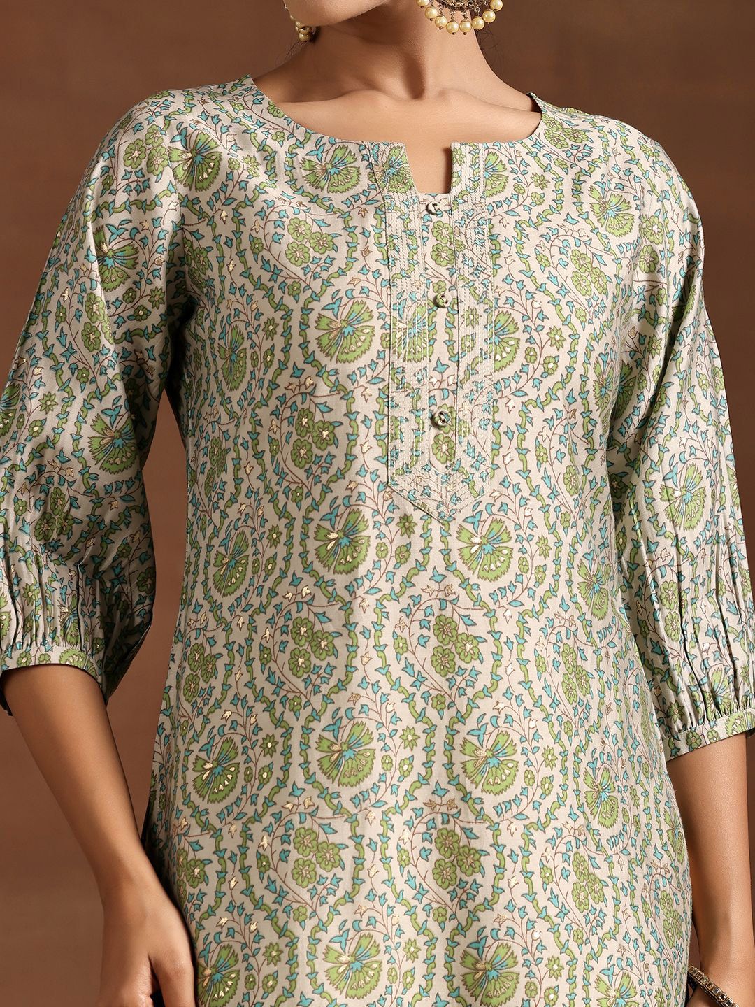 Libas Floral Printed Puff Sleeves Straight Kurta
