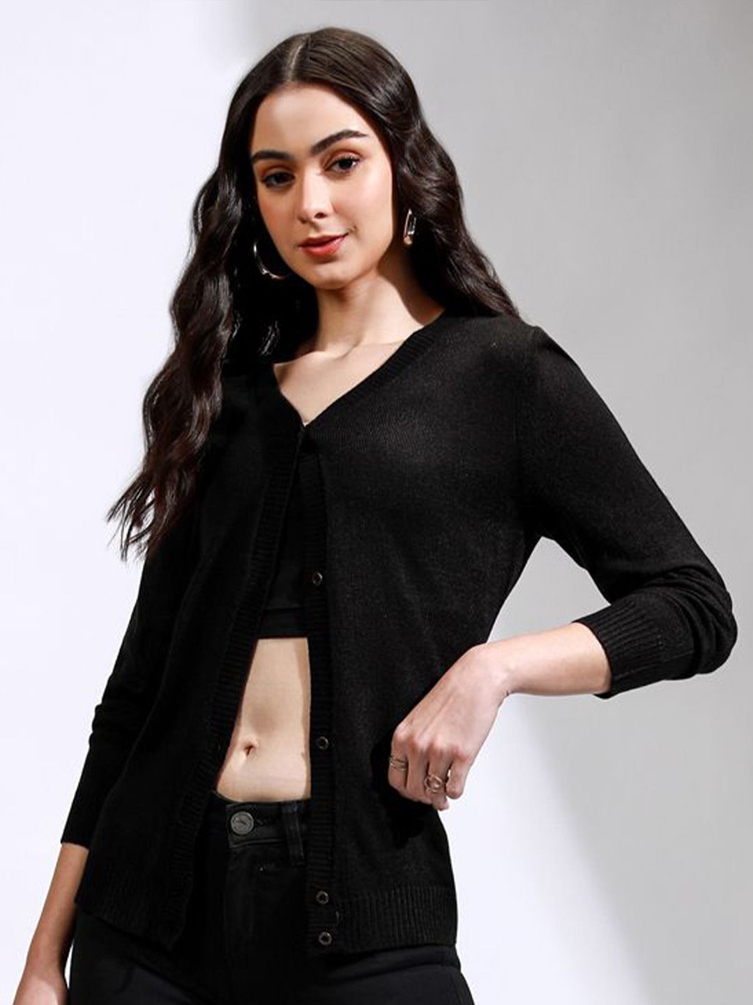 Tokyo Talkies Women Ribbed V-Neck Cardigan Sweaters