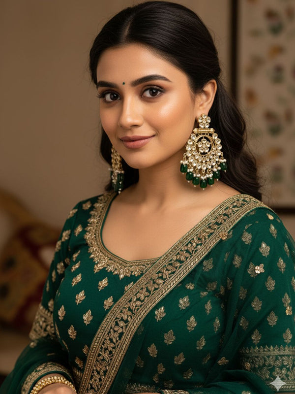 PANASH Gold Plated Artificial Stones Studded And Beaded Circular Shaped Drop Earrings
