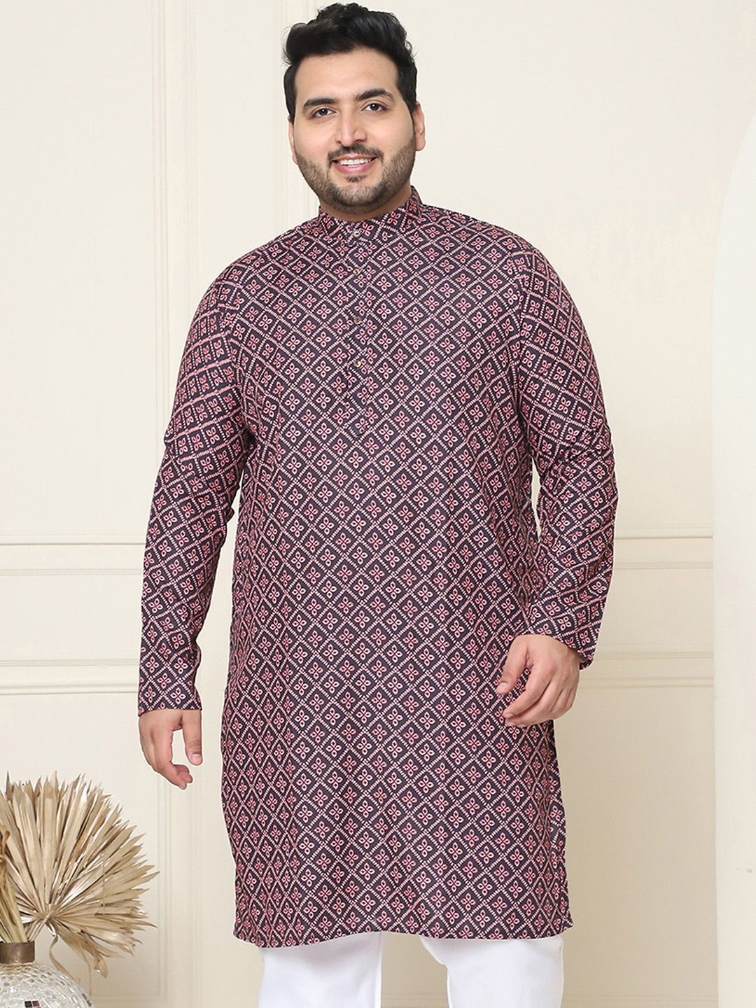 SOJANYA PLUS Ethnic Motifs Printed Band Collar Pure Cotton Straight Kurta