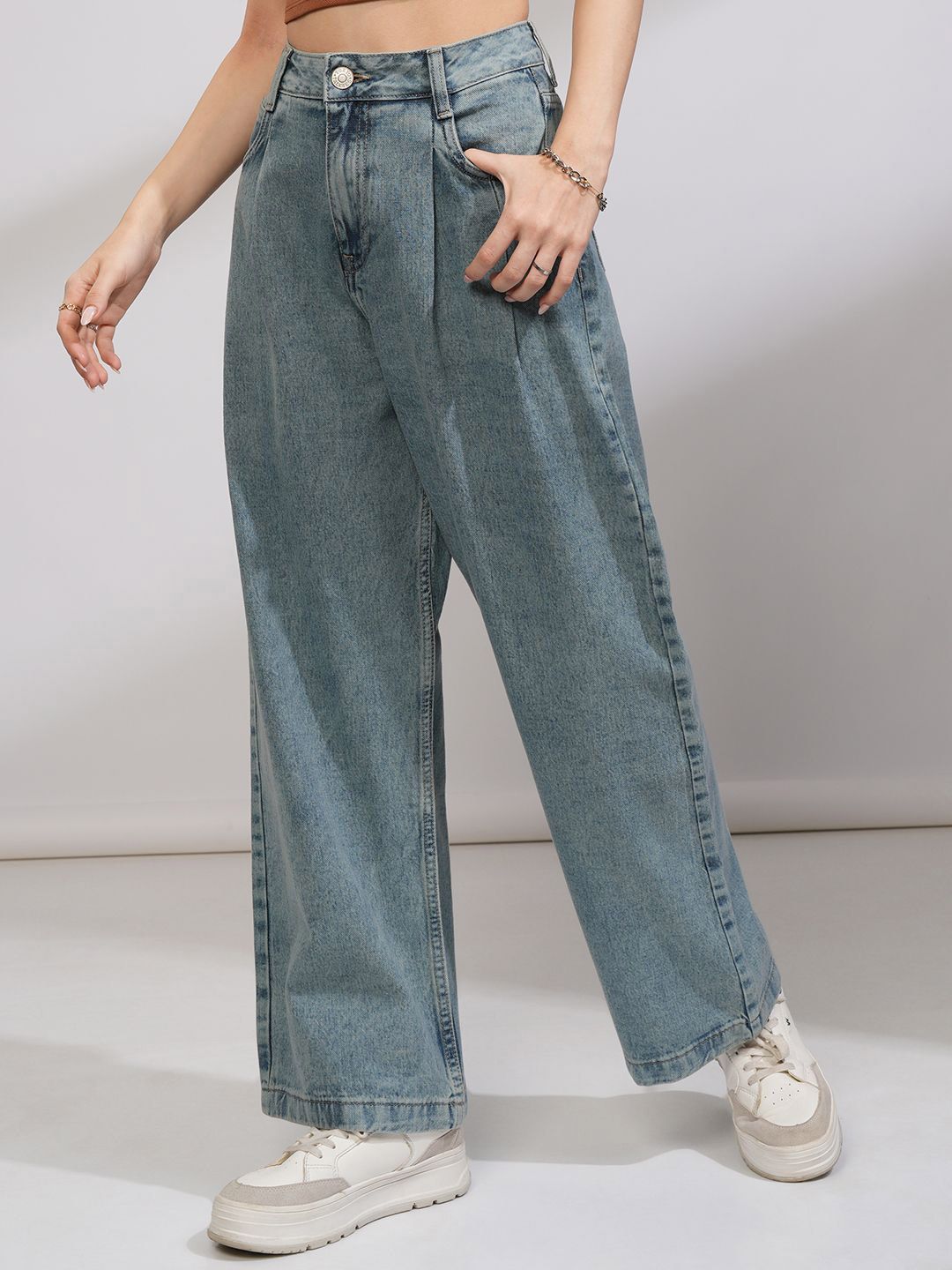 Tokyo Talkies Women High Rise Pleated Wideleg Jeans