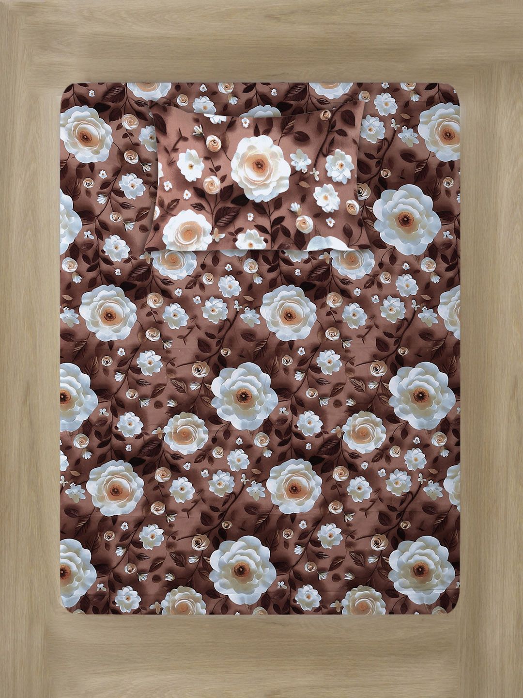 KLOTTHE Coklat & Putih Floral Printed Dilengkapi 300TC Single Cadar 7D Dengan Sarung Bantal