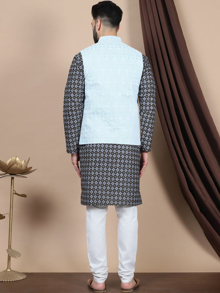 Anouk Floral Printed Regular Straight Kurta With Churidar & Nehru Jacket