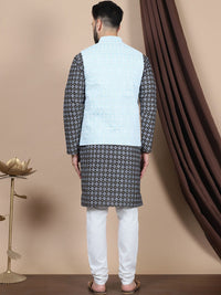 Anouk Floral Printed Regular Straight Kurta With Churidar & Nehru Jacket
