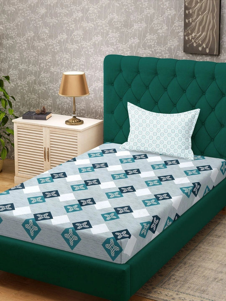 Myntra Elegant Homes Turquoise Blue & White Geometric 400 TC Single Bedsheet with 1 Pillow Covers