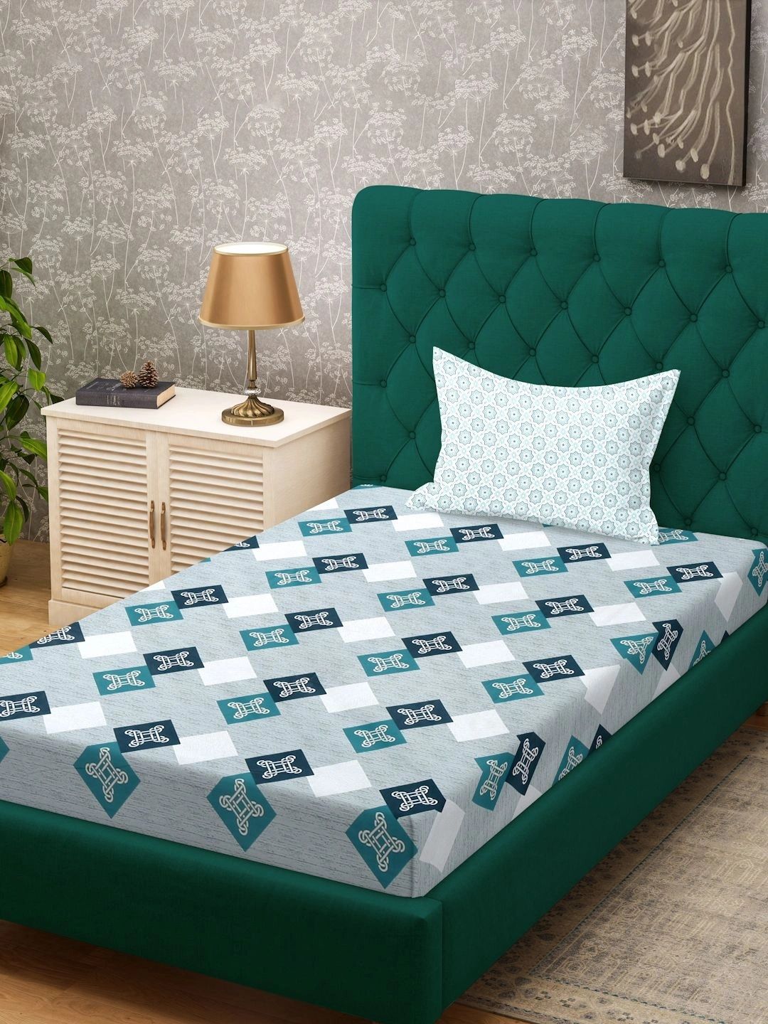 Myntra Elegant Homes Turquoise Blue & White Geometric 400 TC Single Bedsheet with 1 Pillow Covers