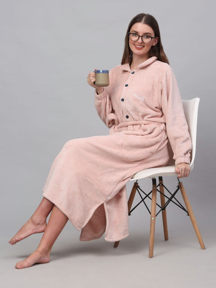 KLOTTHE Pink Shirt Collar Woollen Bath Robe With Belt