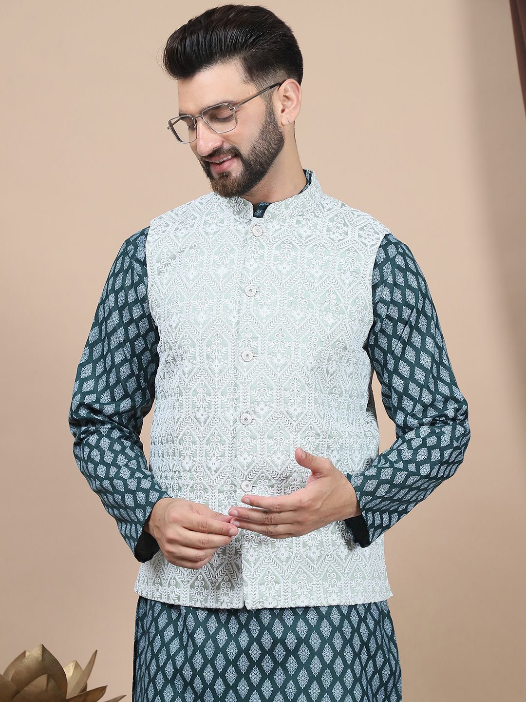 Anouk Floral Printed Regular Pure Cotton Straight Kurta With Churidar & Nehru Jacket