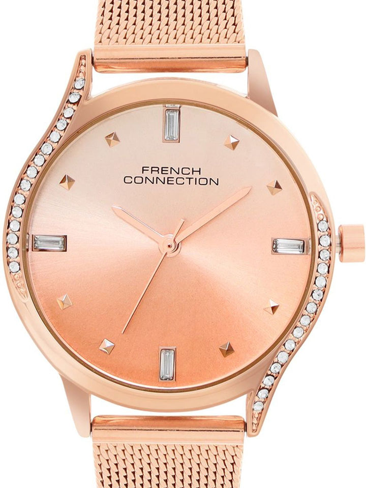 French Connection Women Embellished Dial & Stainless Steel Bracelet Style Straps Analogue Watch FCN082RGM