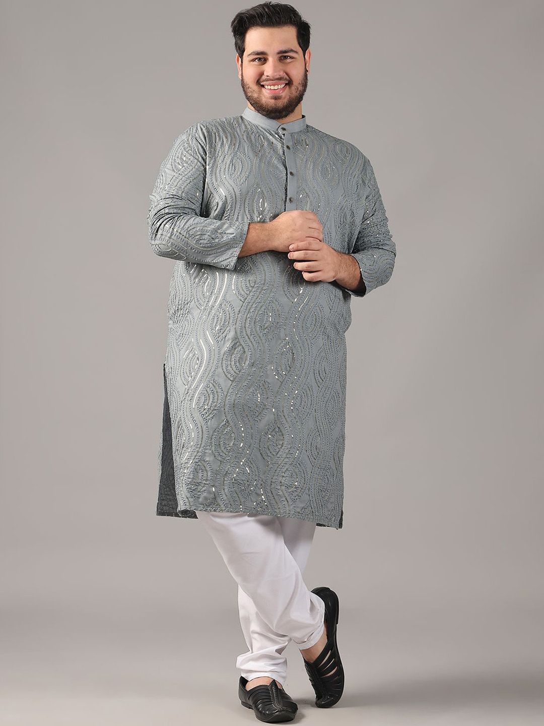 SOJANYA PLUS Size Floral Embroidered Band Collar Sequin Cotton Straight Kurta