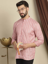 Anouk Striped Mandarin Collar Long Sleeves Thread Work Cotton Short Kurta