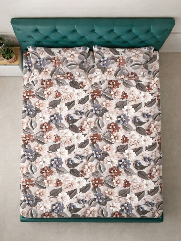 KLOTTHE Brown & Beige Floral Printed Dilengkapi 300 TC King 7D Cadar Dengan 2 Sarung Bantal