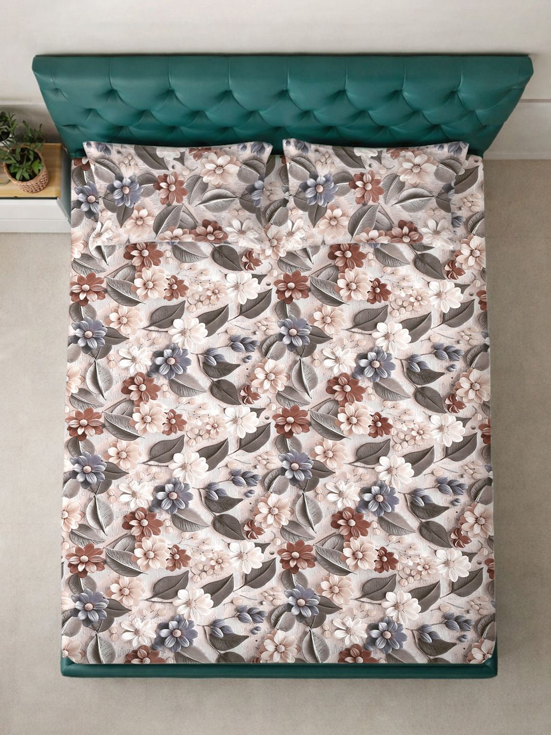KLOTTHE Brown & Beige Floral Printed Dilengkapi 300 TC King 7D Cadar Dengan 2 Sarung Bantal