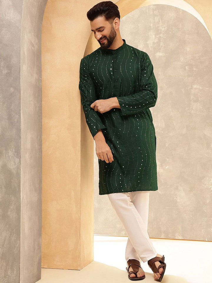 Anouk Green Floral Sulam Kolar Jalur Labuci Kapas Kurta Lurus